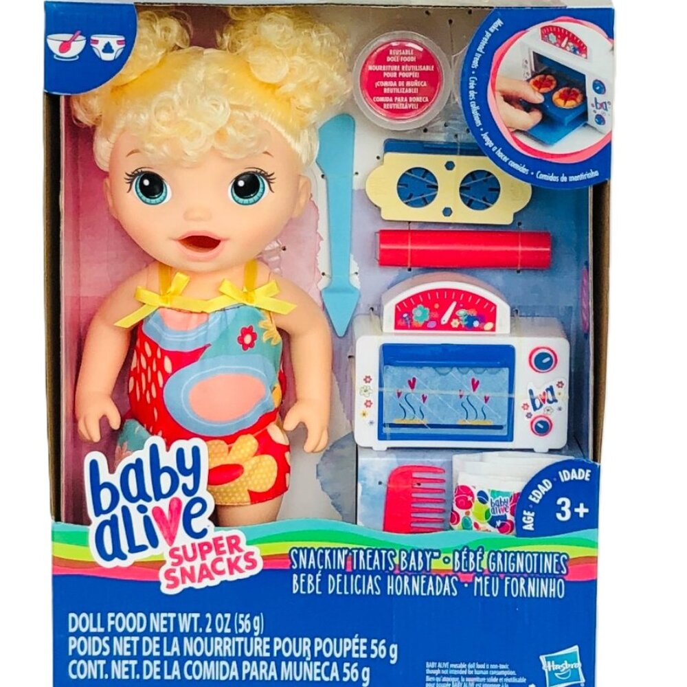 New in Box Baby Alive Snackin Treats Baby Doll With Curly Blonde Hair For Age 3+